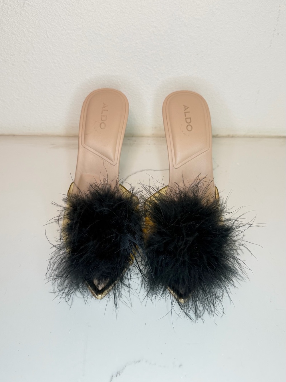 ALDO Black Feathered Slide Mules with Gold Trim